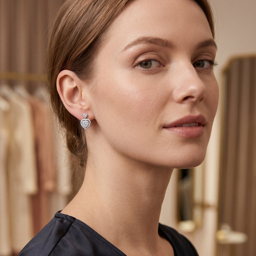 Sterling Silver Moissanite Heart Drop Earrings – Halo Love Design