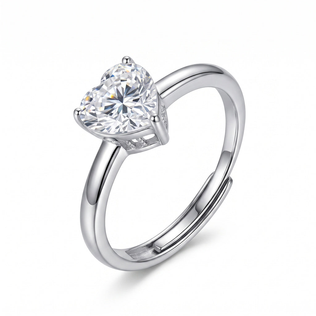 Sterling Silver Adjustable Heart Moissanite Solitaire Ring