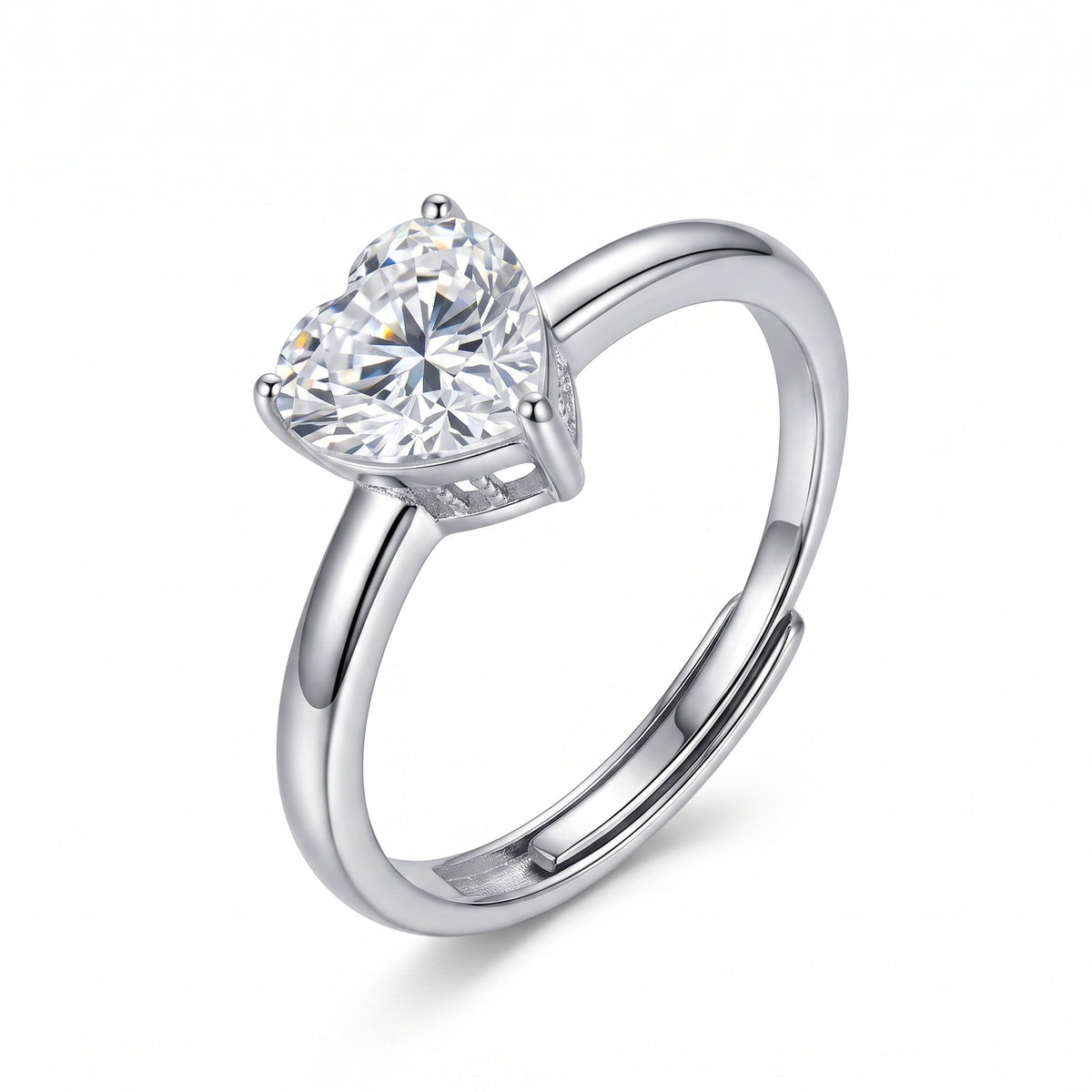 Sterling Silver Adjustable Heart Moissanite Solitaire Ring