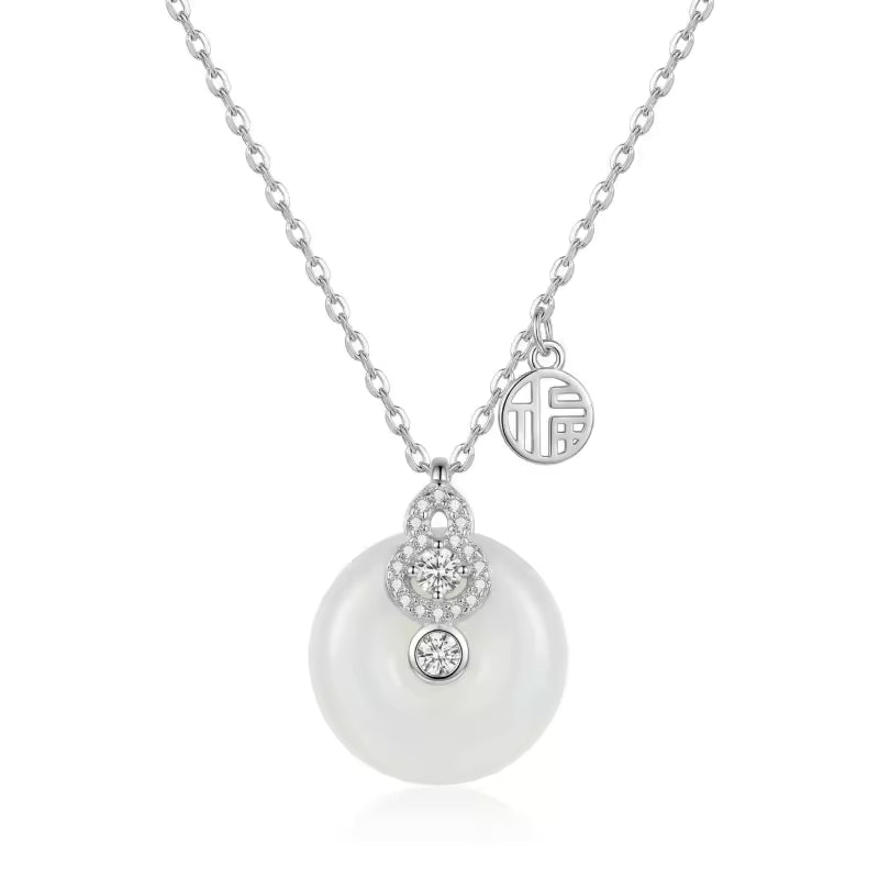 Silver White Jade Gourd Pendant Necklace with Fortune Charm