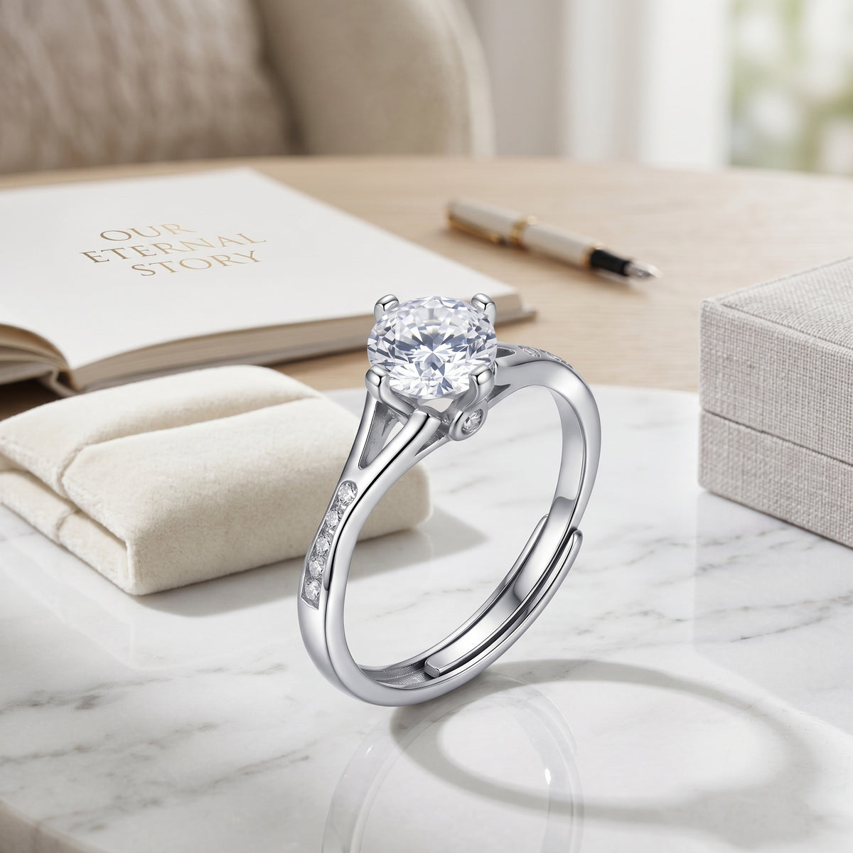 Sterling Silver Adjustable Cubic Zirconia Solitaire Ring