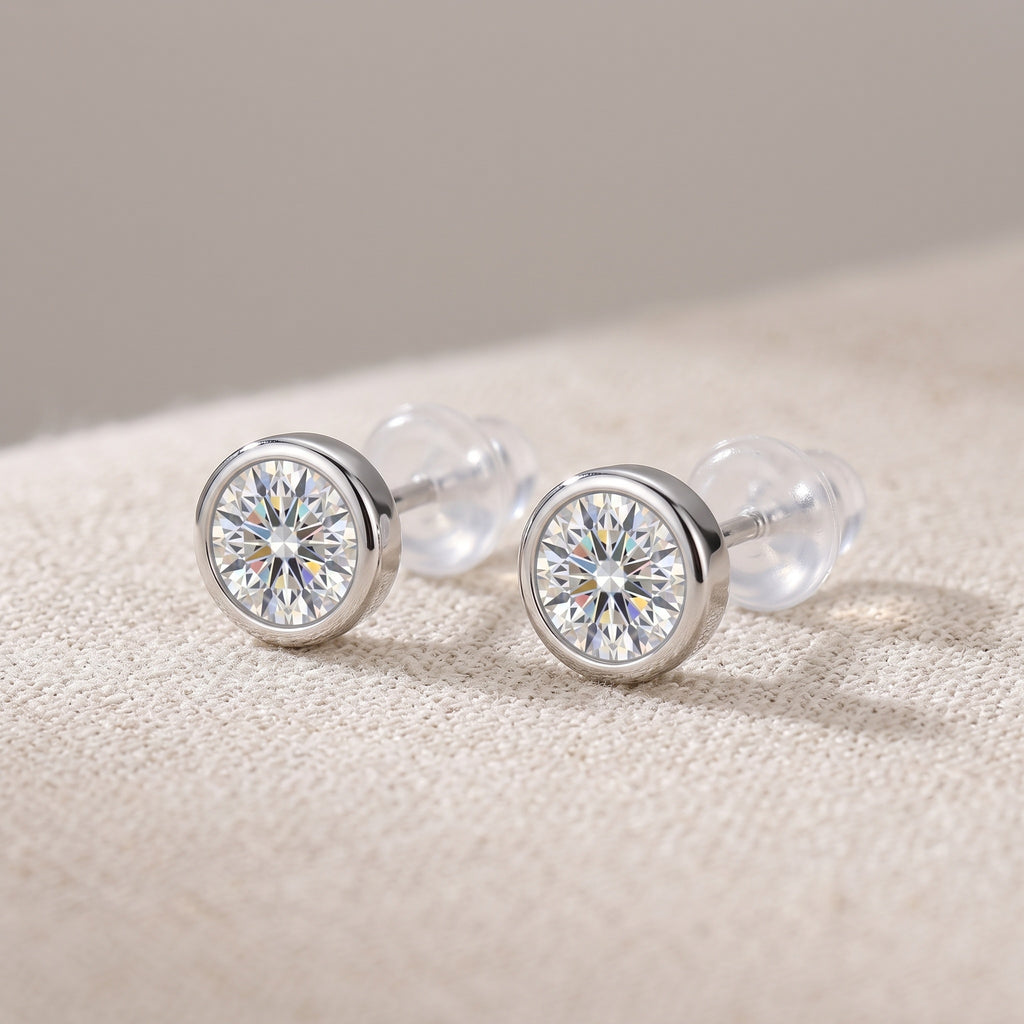 Sterling Silver Round Moissanite Bezel Stud Earrings