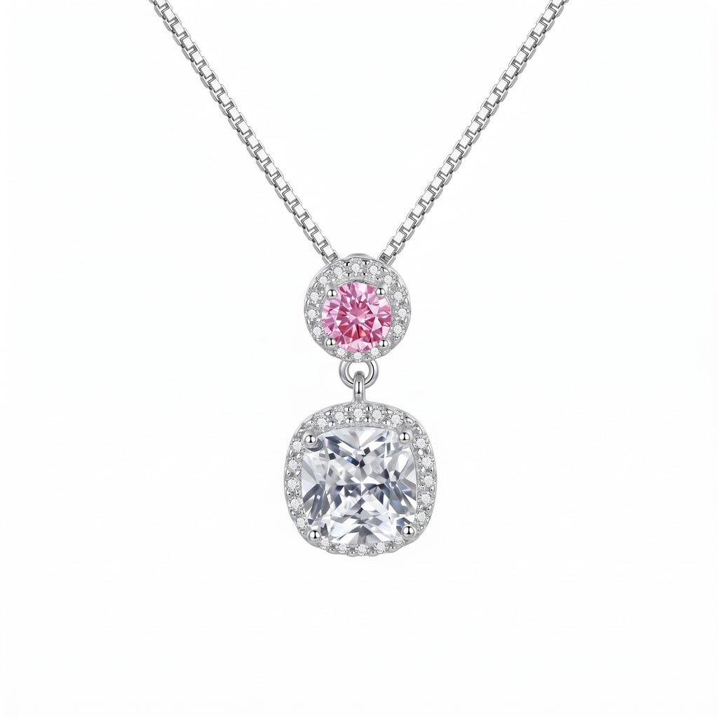 Sterling Silver Pink and Cushion-Cut Moissanite Halo Pendant Necklace