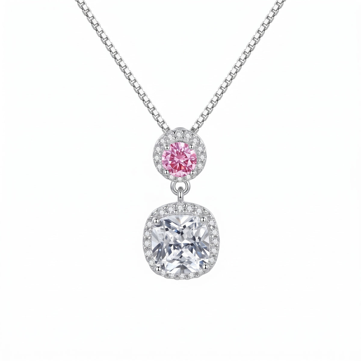 Sterling Silver Pink and Cushion-Cut Moissanite Halo Pendant Necklace