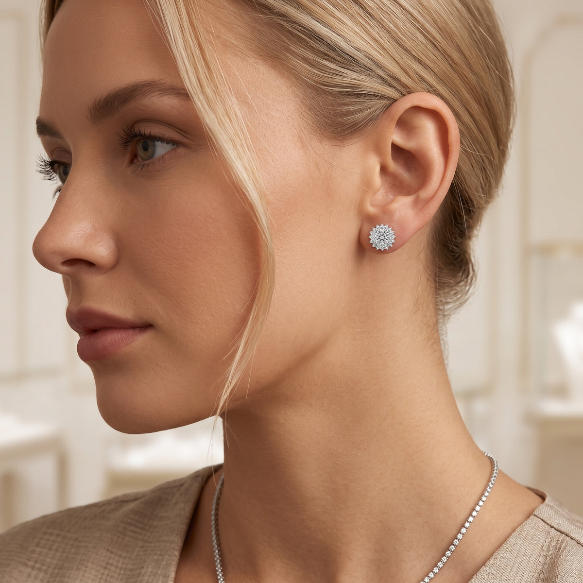 Sterling Silver Snowflake Moissanite Halo Stud Earrings