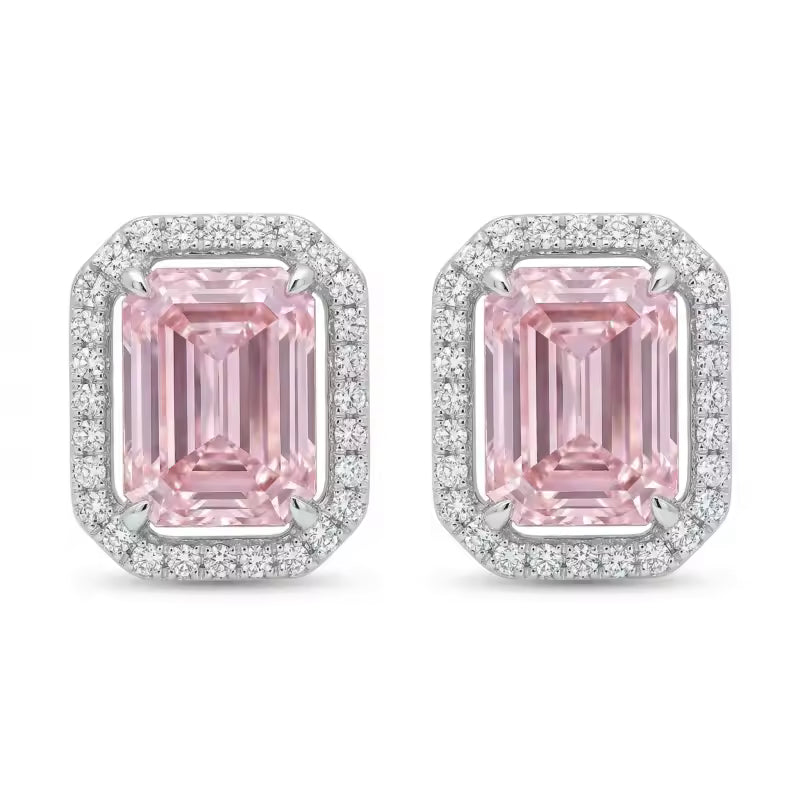 Sterling Silver Pink Emerald-Cut Gemstone Stud Earrings – Sparkling Halo Design