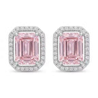 Sterling Silver Pink Emerald-Cut Gemstone Stud Earrings – Sparkling Halo Design