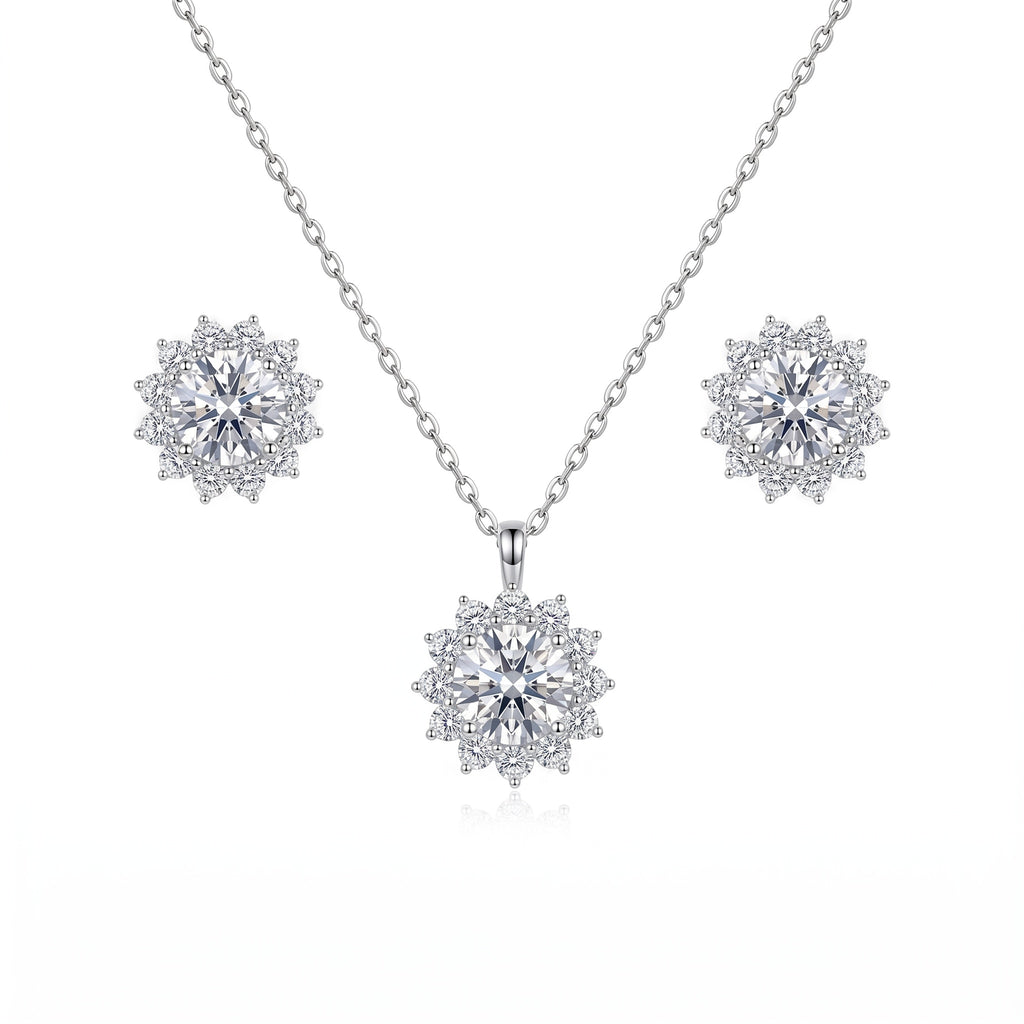 Sterling Silver Moissanite Halo Necklace and Earring Set
