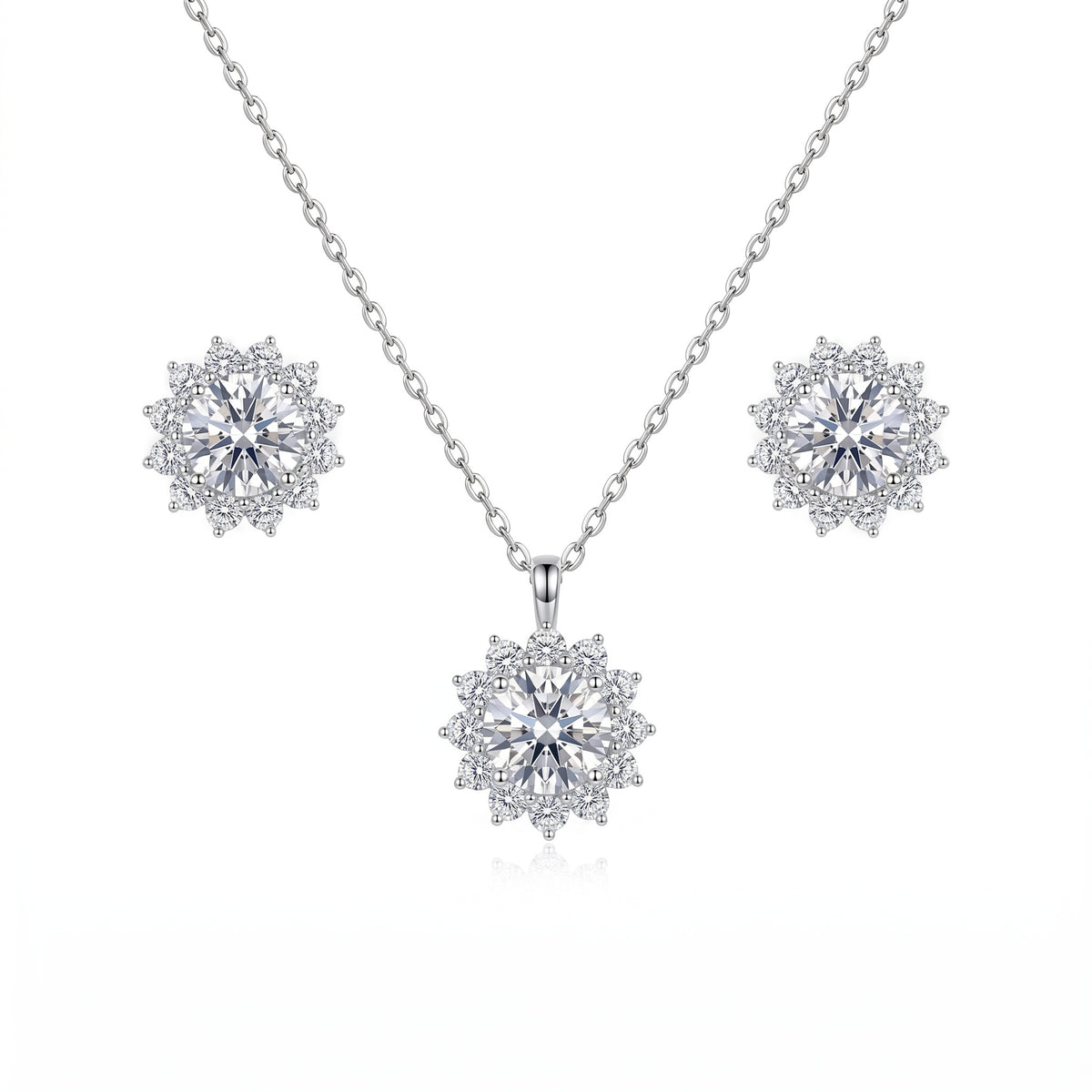Sterling Silver Moissanite Halo Necklace and Earring Set