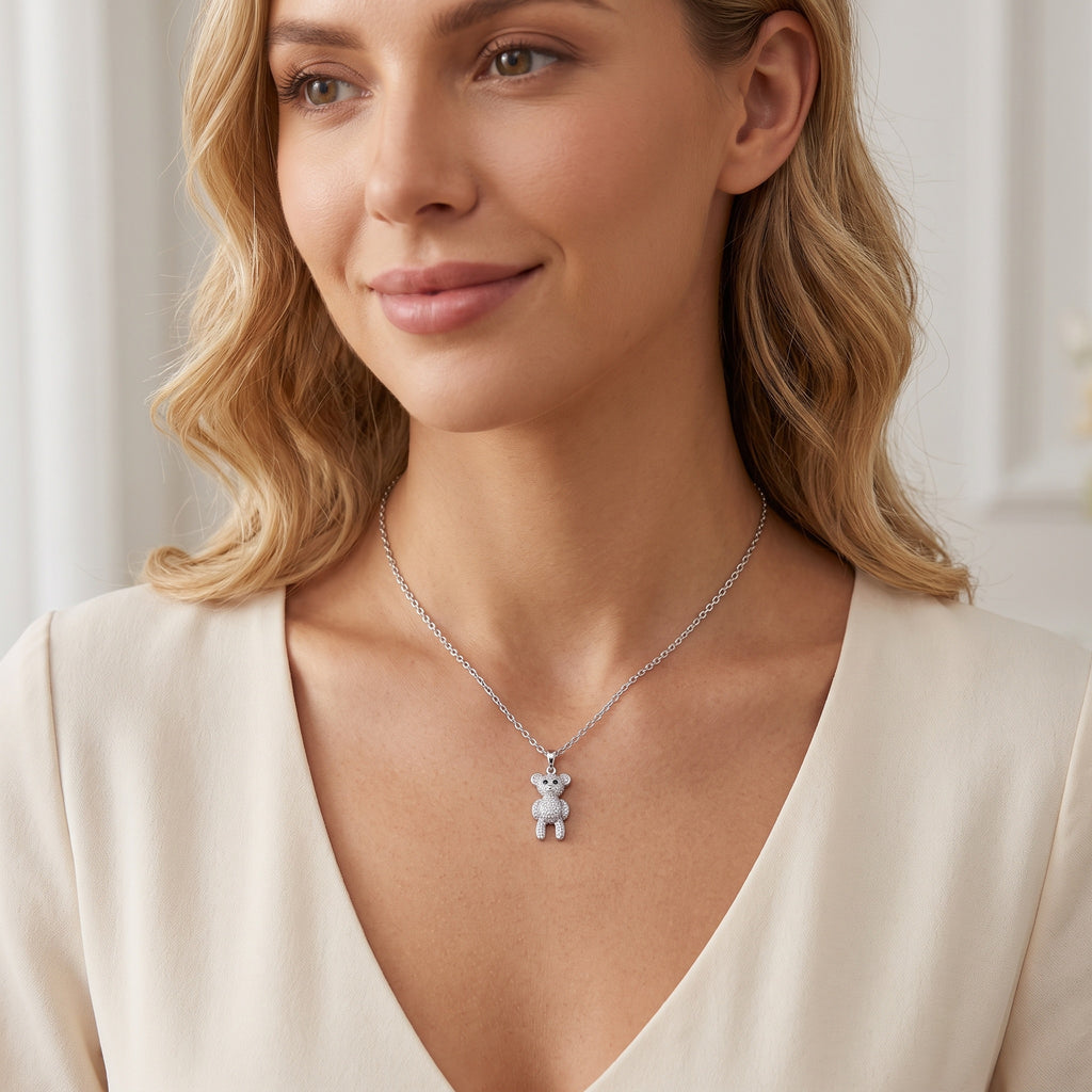 Sterling Silver Teddy Bear Moissanite Necklace