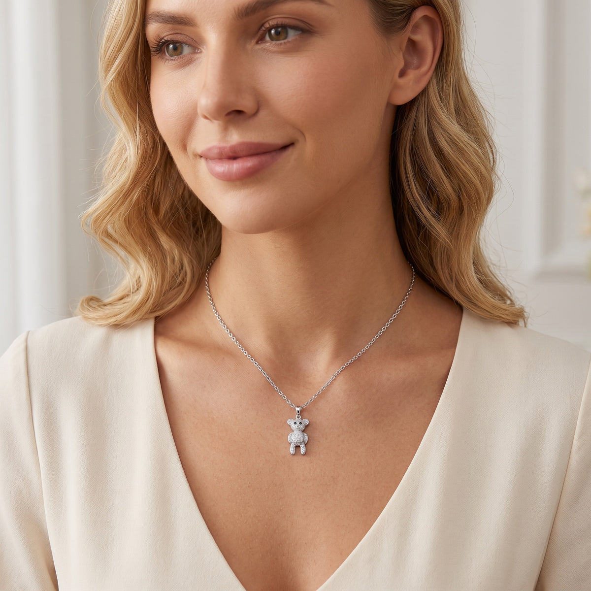 Sterling Silver Teddy Bear Moissanite Necklace