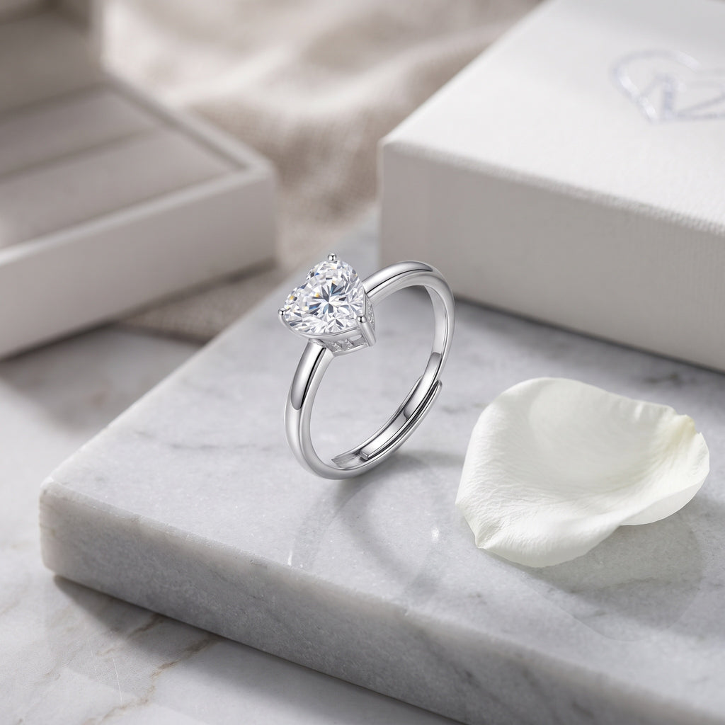 Sterling Silver Adjustable Heart Moissanite Solitaire Ring