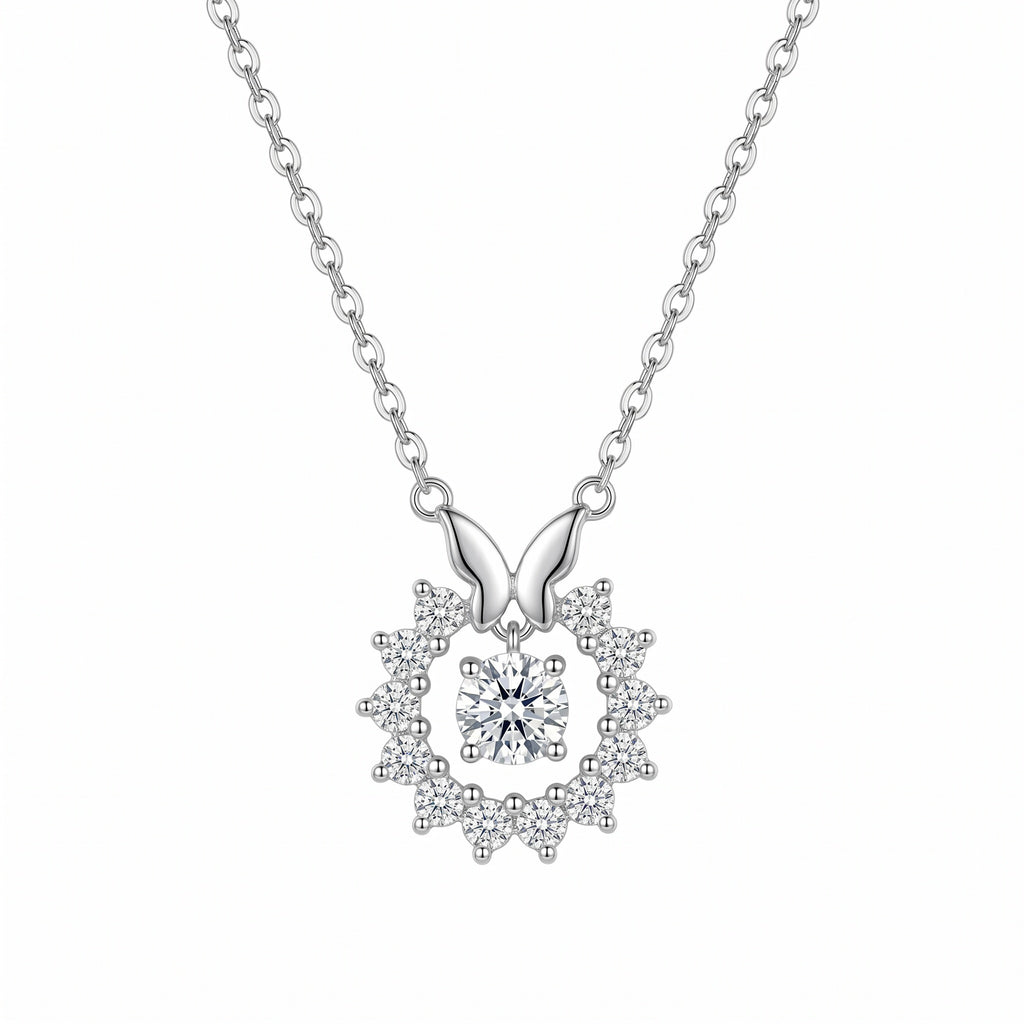 Sterling Silver Butterfly Moissanite Halo Pendant Necklace