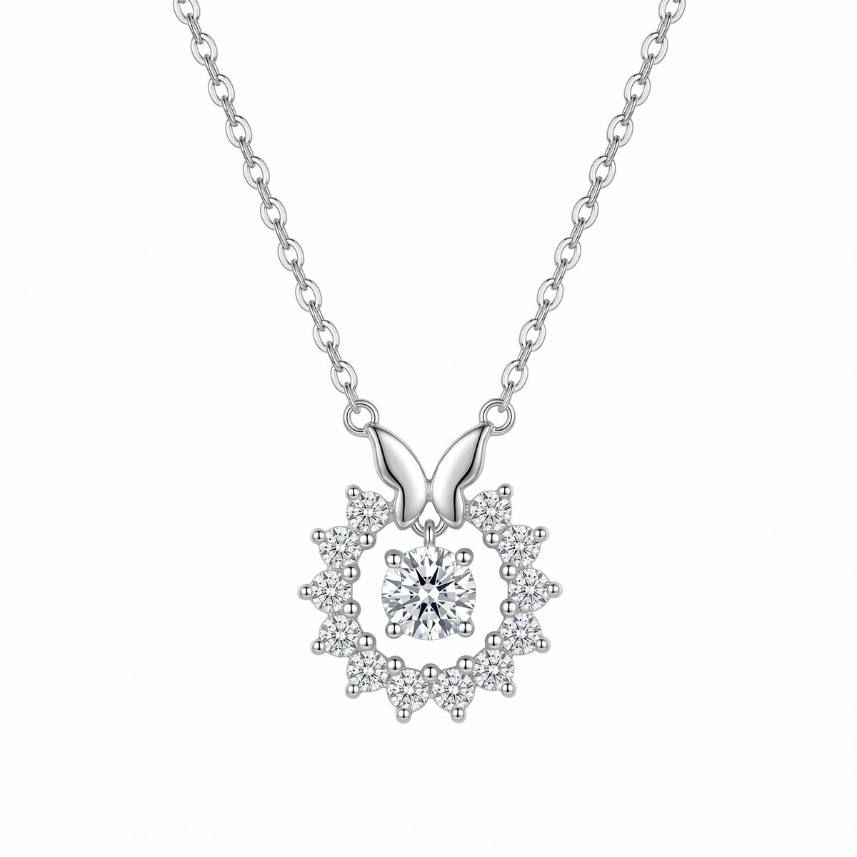 Sterling Silver Butterfly Moissanite Halo Pendant Necklace