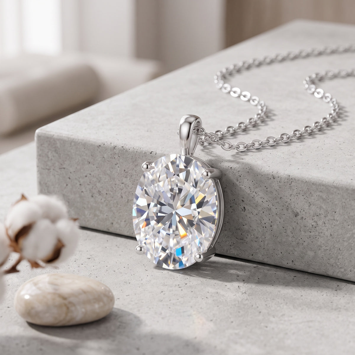 Sterling Silver Oval Moissanite Solitaire Pendant Necklace