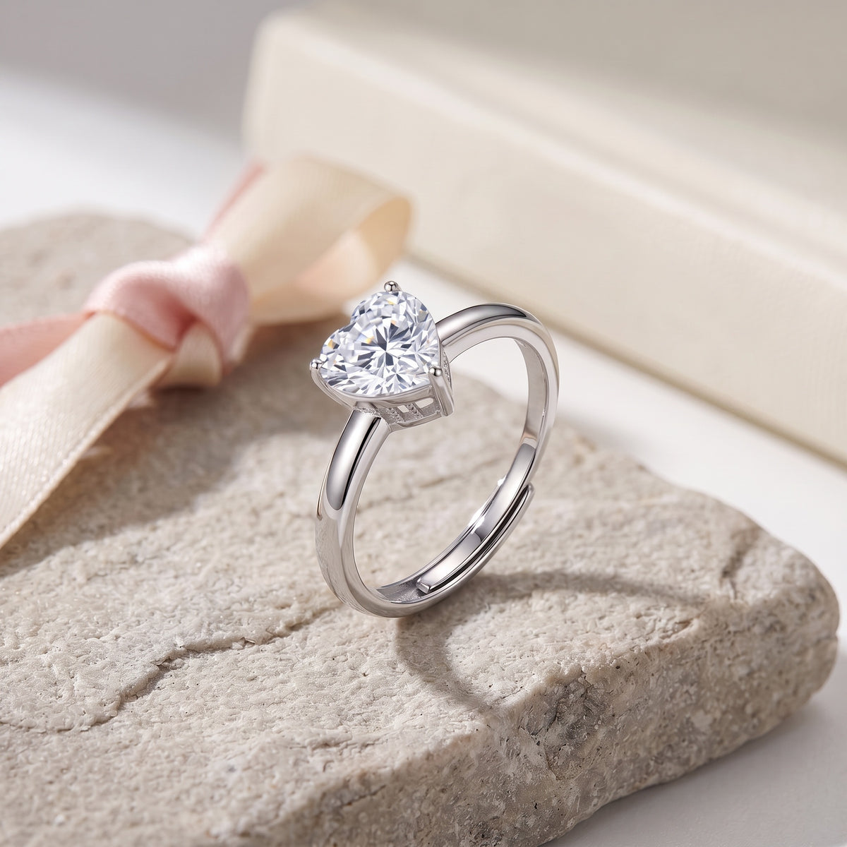 Sterling Silver Adjustable Heart Moissanite Solitaire Ring