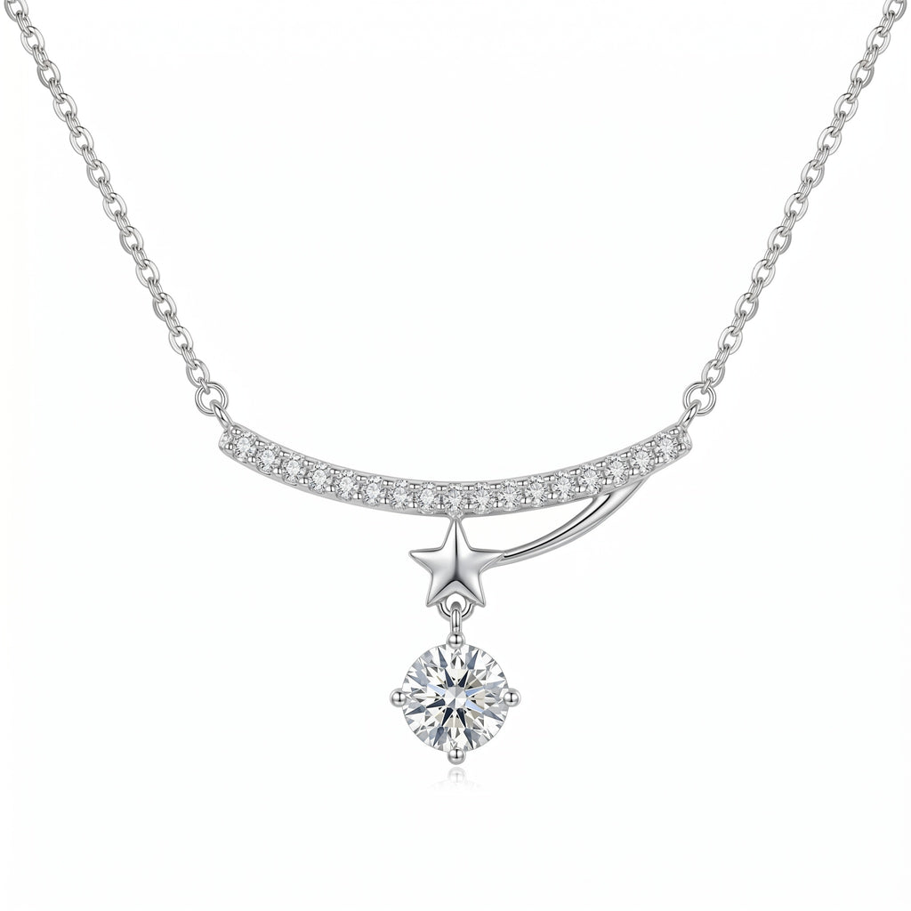 Sterling Silver Starry Sky Meteor Moissanite Necklace – Pave Curve Pendant