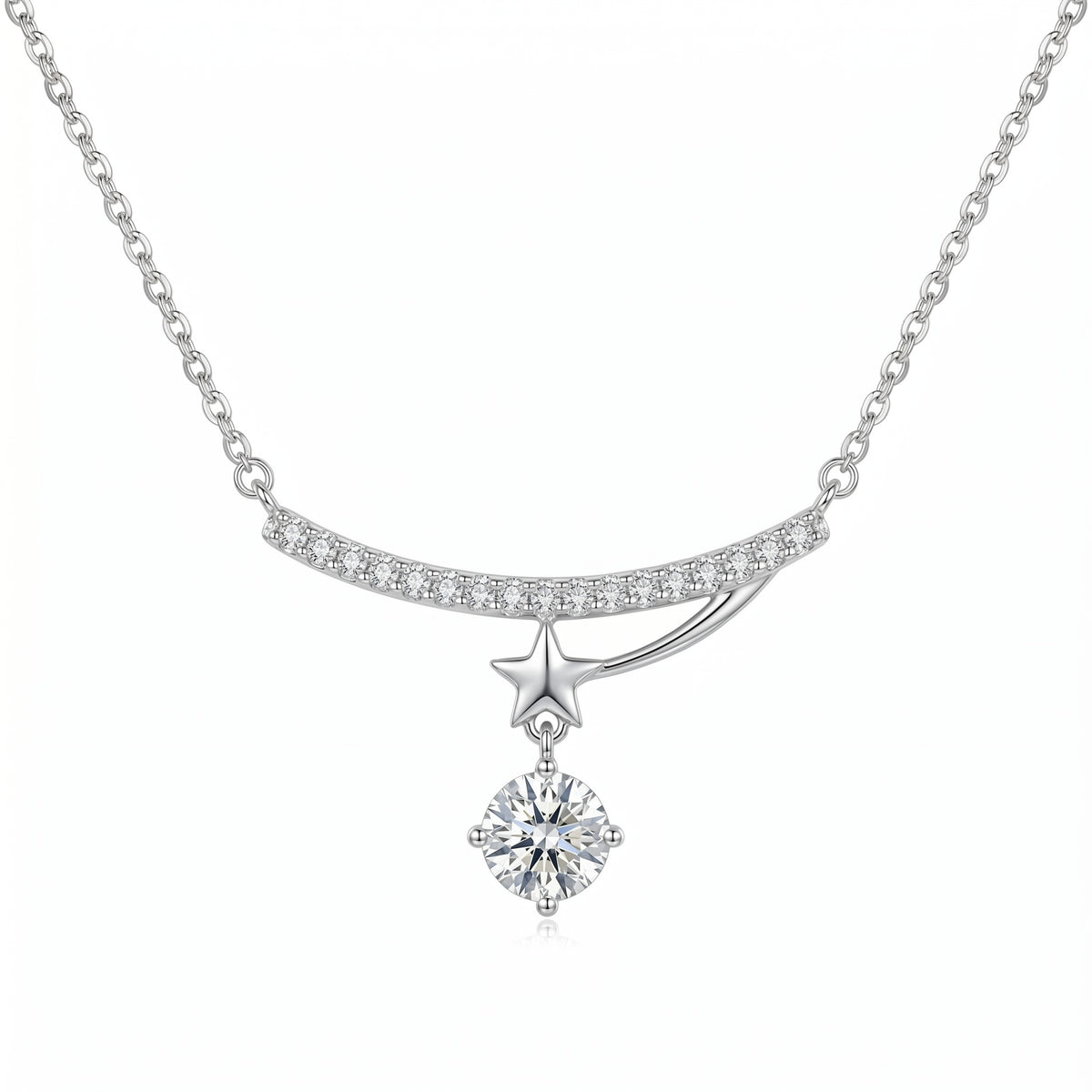 Sterling Silver Starry Sky Meteor Moissanite Necklace – Pave Curve Pendant