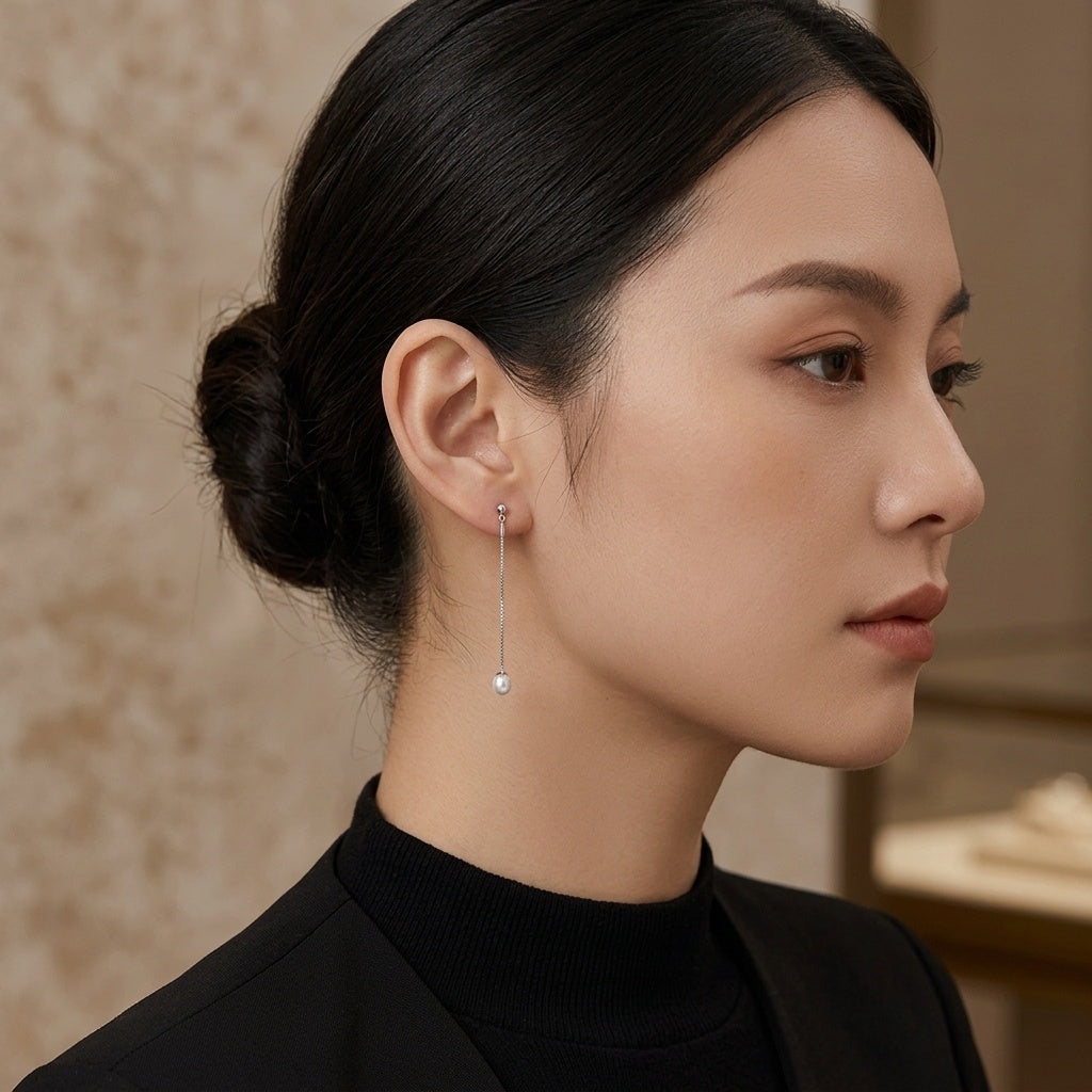 Sterling Silver Long Pearl Drop Earrings