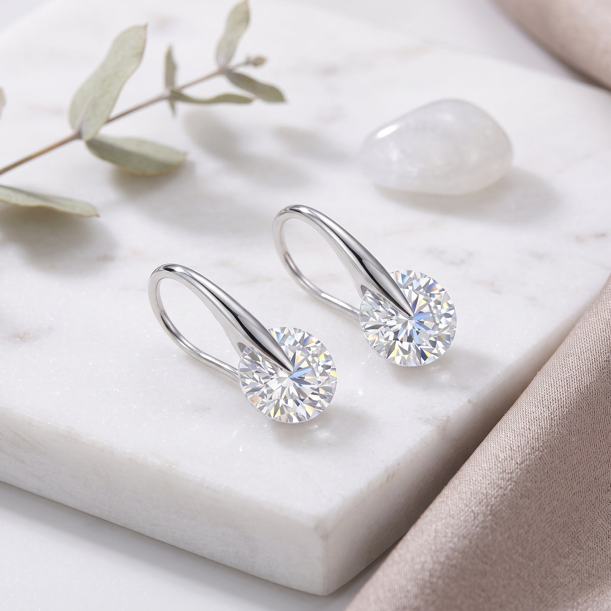 Sterling Silver Round Moissanite Hook Drop Earrings