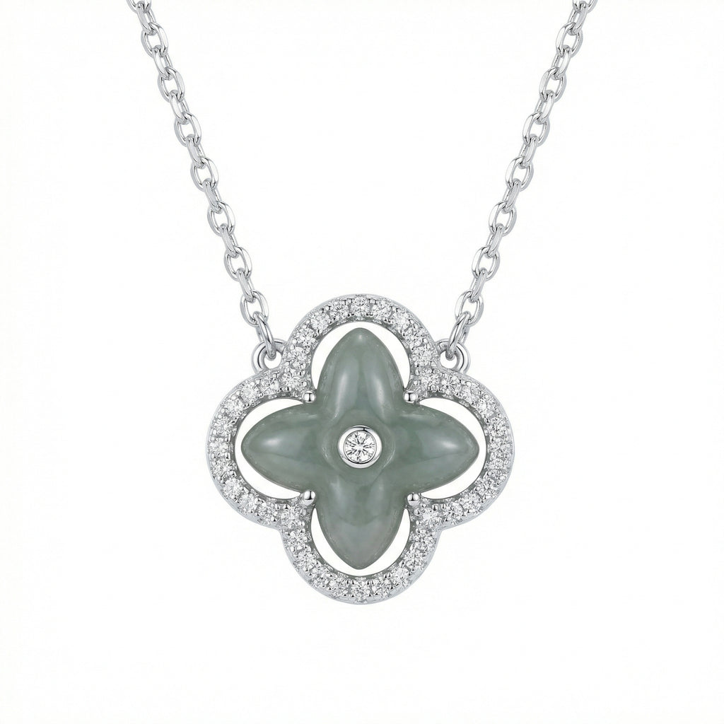 Green Jade and CZ Four-Leaf Clover Pendant Necklace