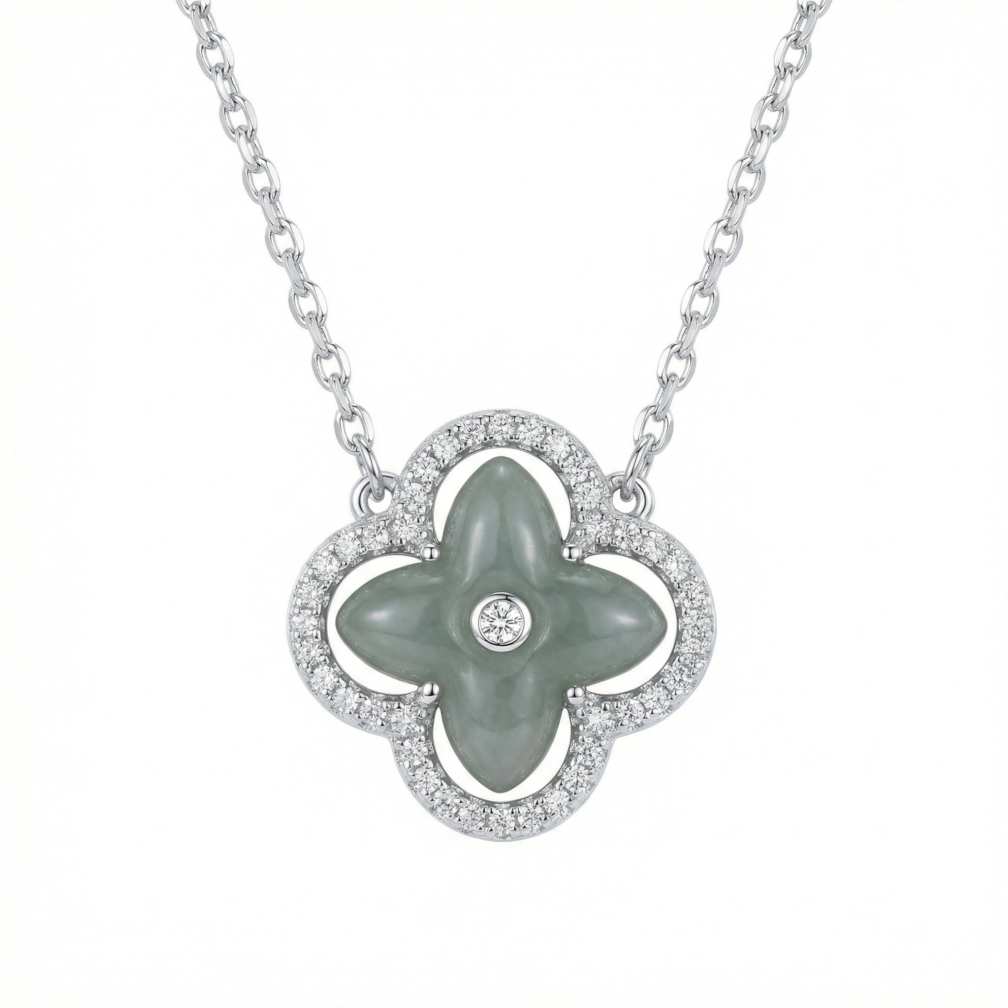 Green Jade and CZ Four-Leaf Clover Pendant Necklace