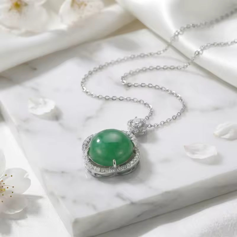 Elegant Green Jade and CZ Quatrefoil Pendant Necklace