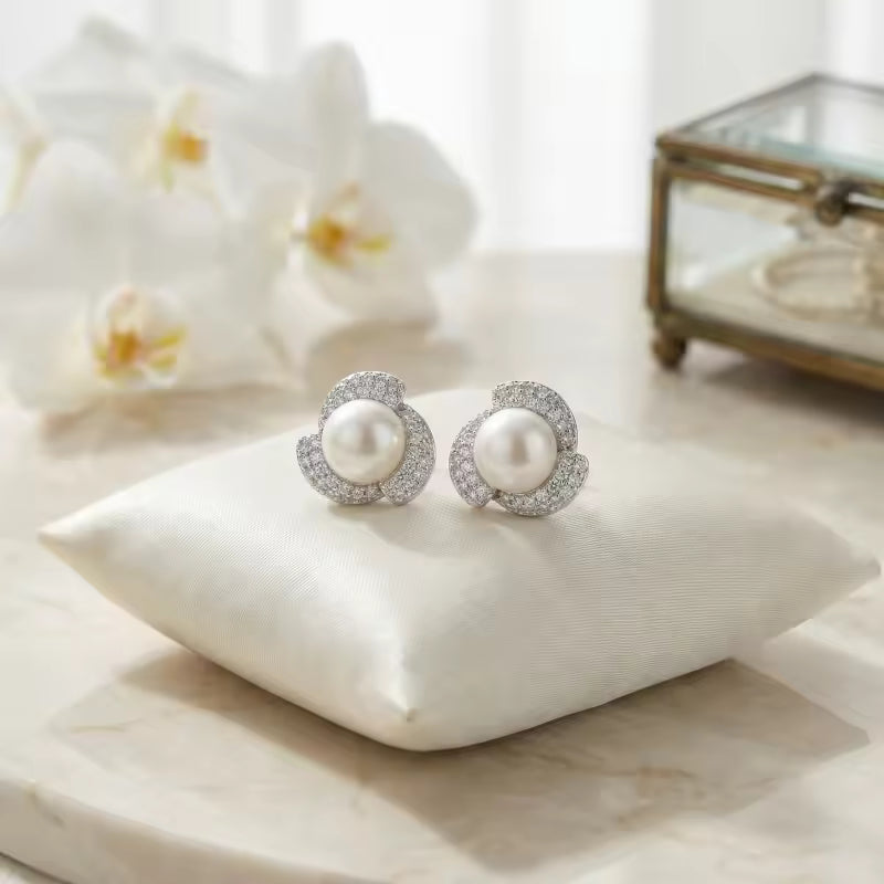 Elegant Pearl and CZ Floral Halo Stud Earrings