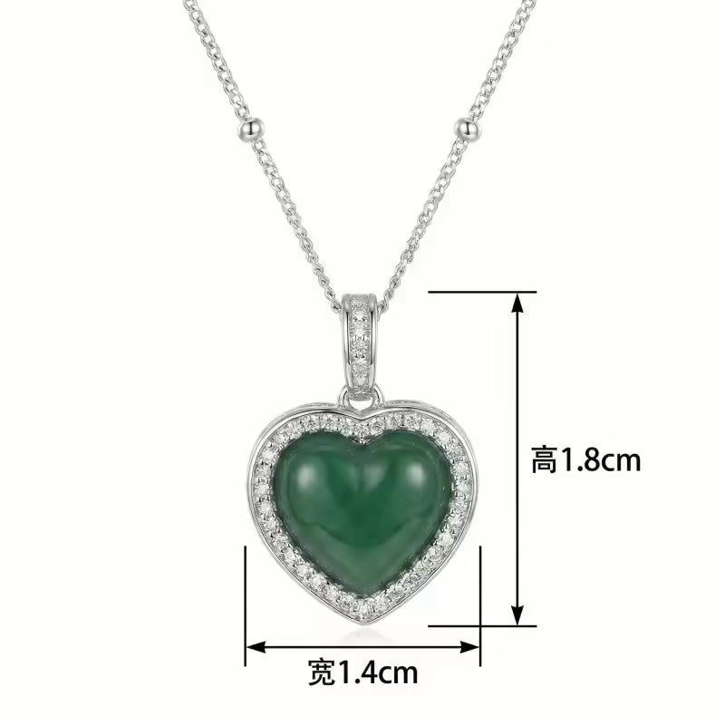Green Jade Heart Pendant Necklace with CZ Halo