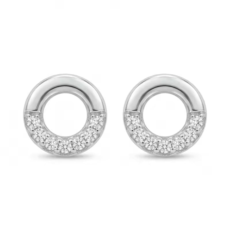 Sterling Silver Open Circle Stud Earrings – Pave Stone Detail