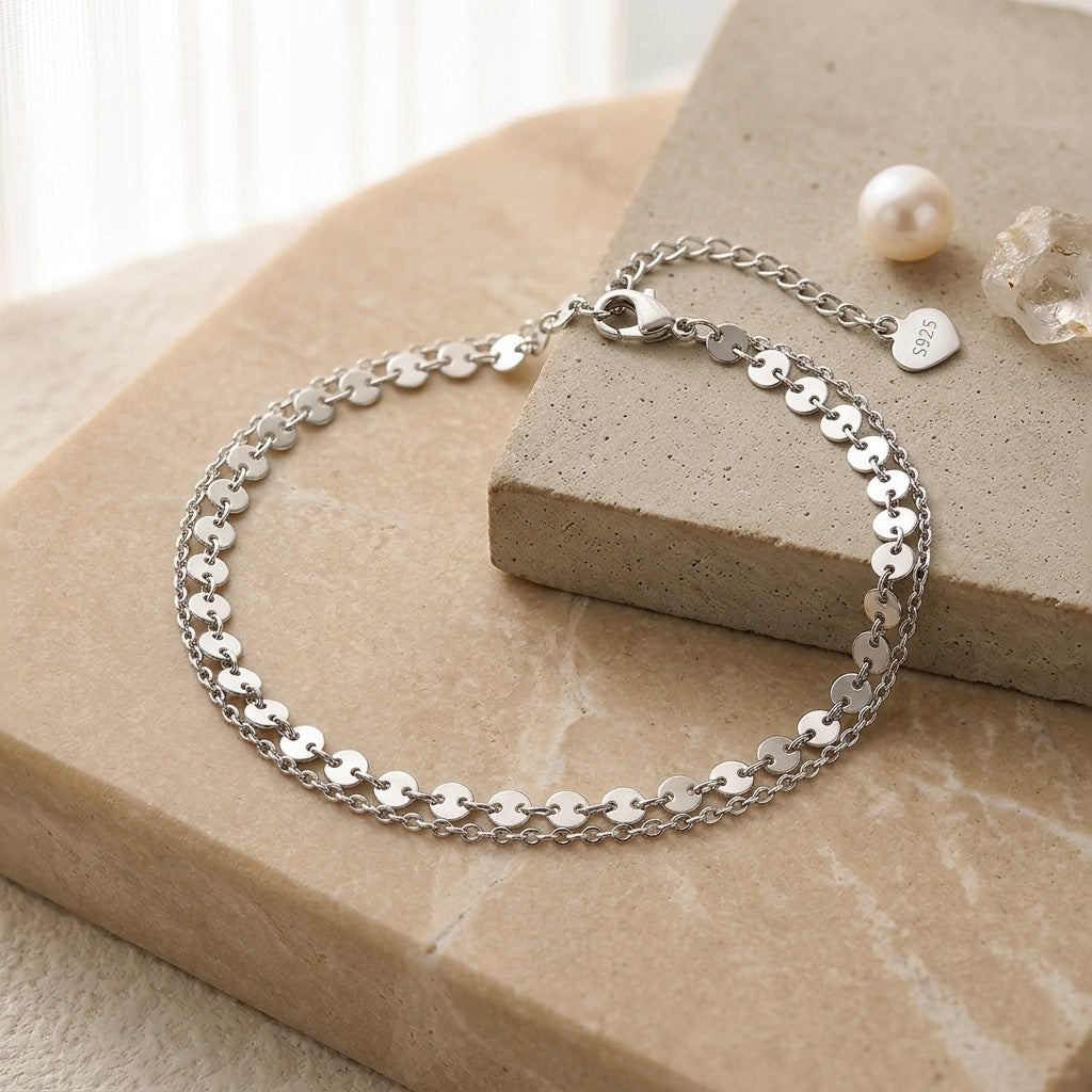Sterling Silver Double Layer Disc Anklet