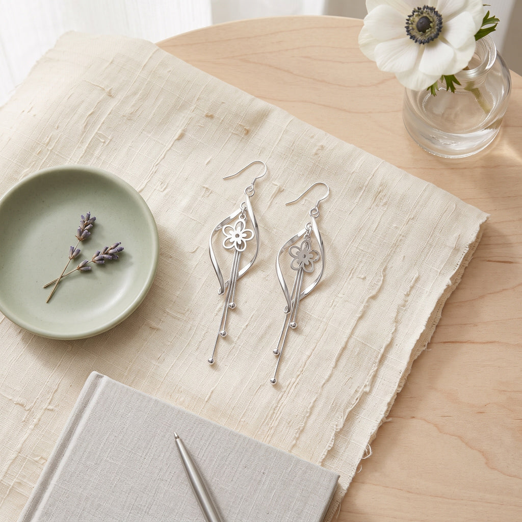 Sterling Silver Twisted Marquise Flower Tassel Drop Earrings