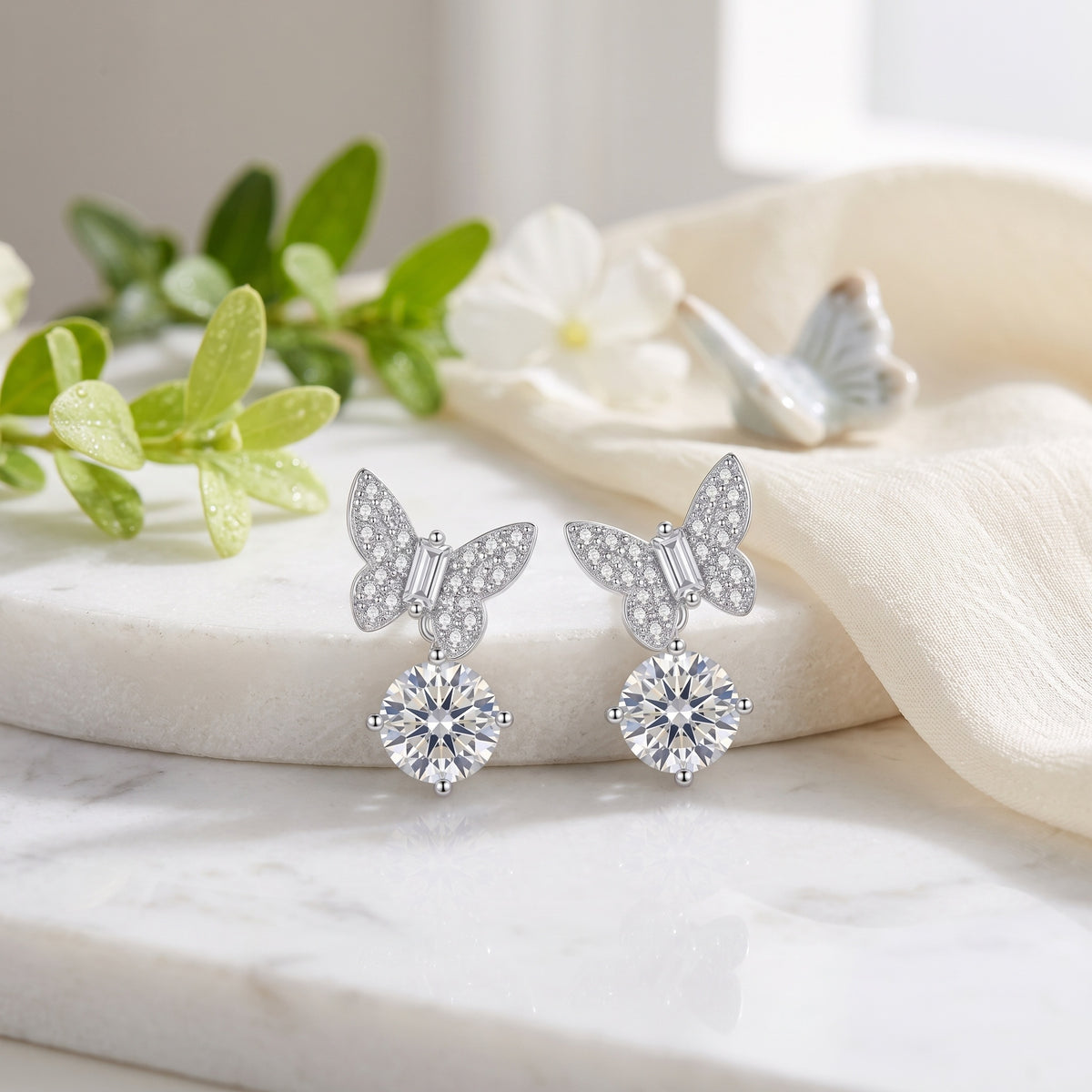 Sterling Silver Butterfly Moissanite Drop Earrings