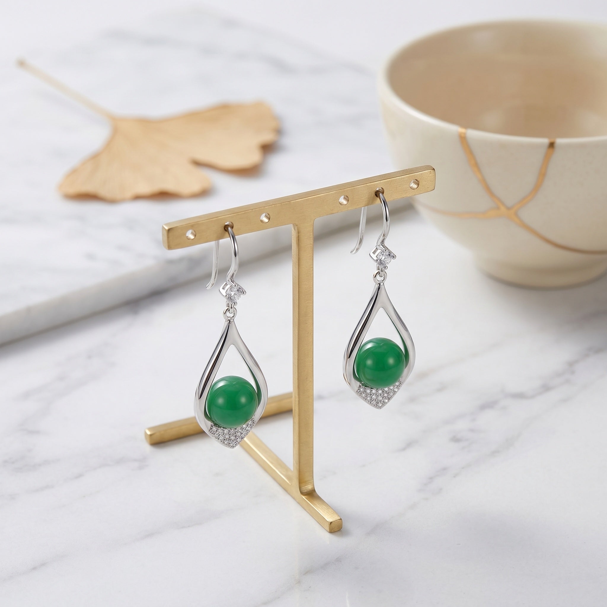 Elegant Green Chalcedony Teardrop Earrings