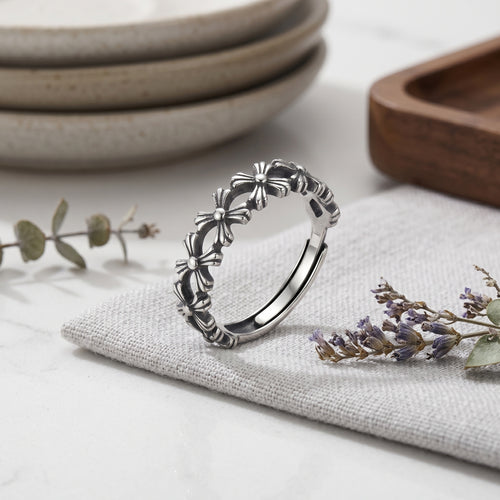 Sterling Silver Adjustable Gothic Cross Floral Ring