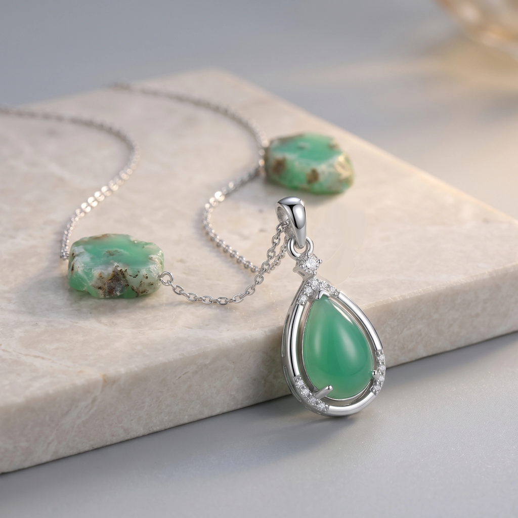 Teardrop Jade Pendant with CZ Accents Necklace