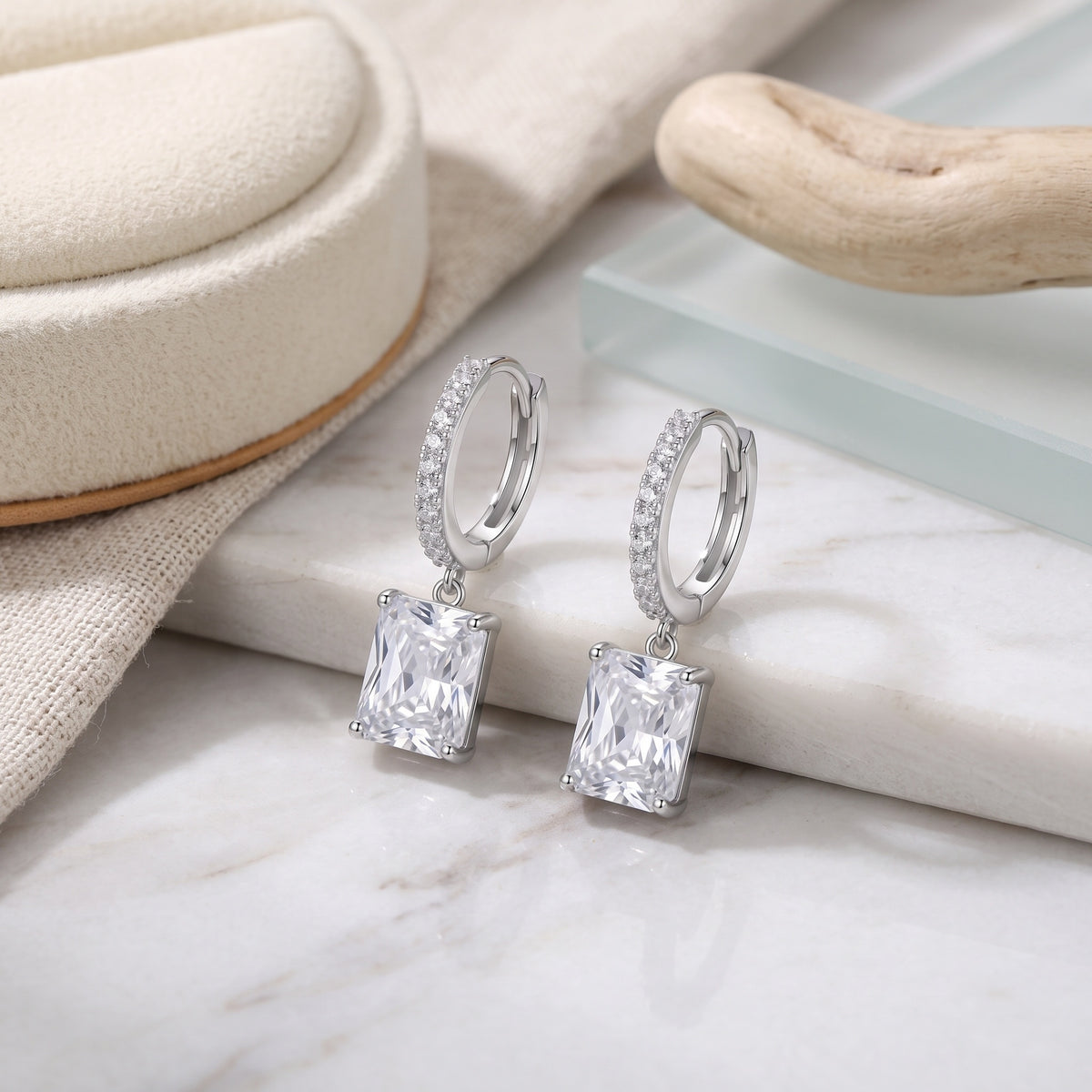 Sterling Silver Emerald-Cut Cubic Zirconia Drop Huggie Earrings