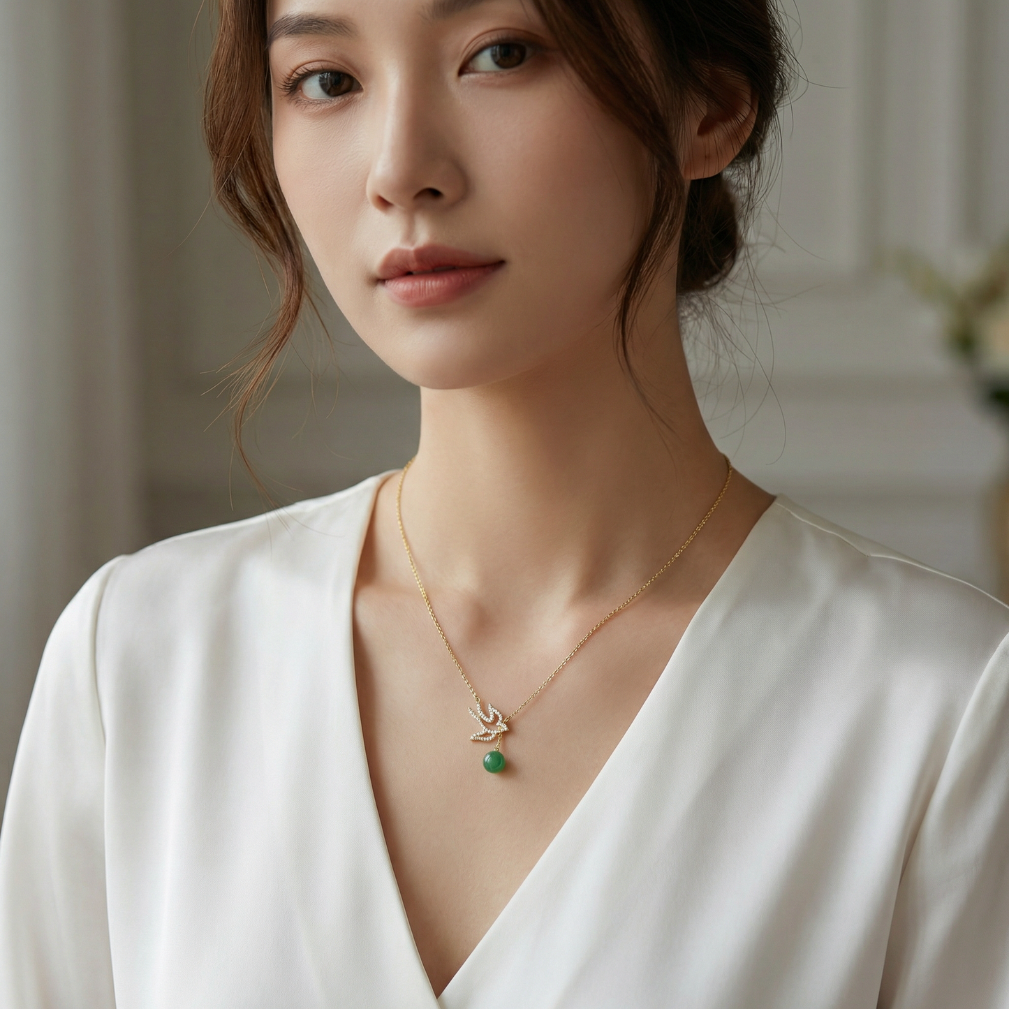 925 Sterling Silver Sparkling Zircon Swallow Necklaces with Elegant Green Jade Bead Drop - JewelryODM