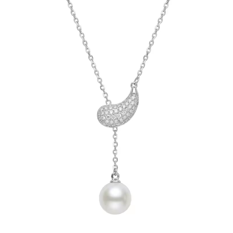 Pave Diamond Paisley Pearl Y-Necklace – Silver-Tone Pendant