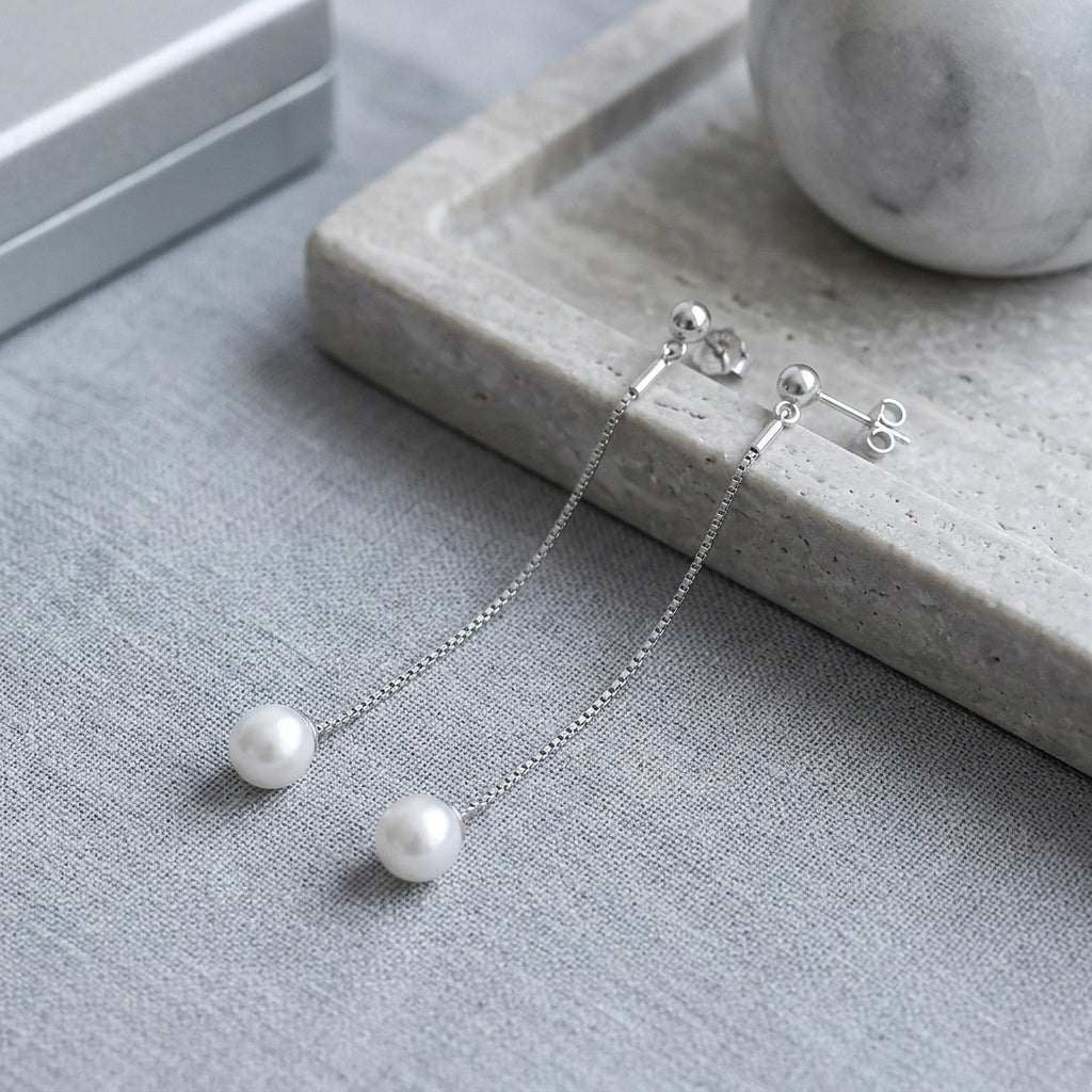 Sterling Silver Long Pearl Drop Earrings