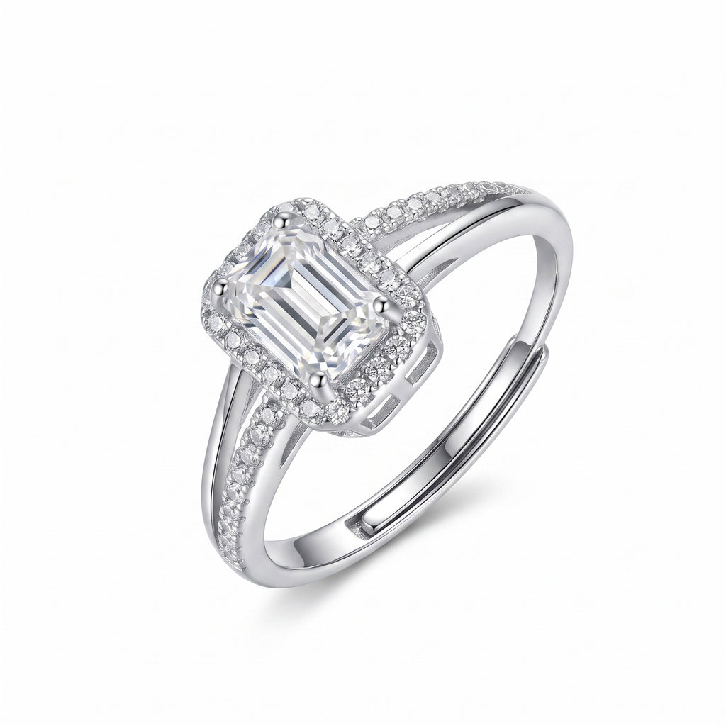 Sterling Silver Adjustable Emerald-Cut Moissanite Halo Ring