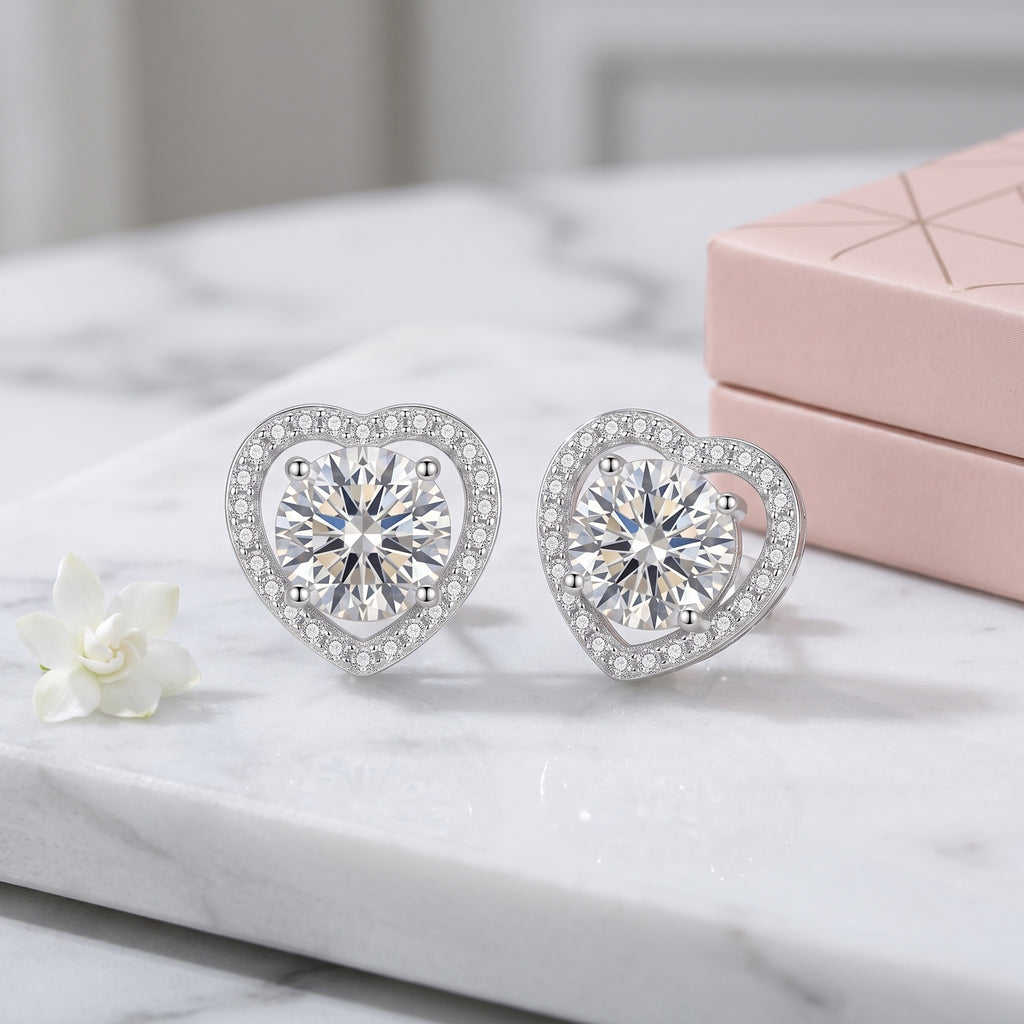 Sterling Silver Heart Moissanite Halo Stud Earrings