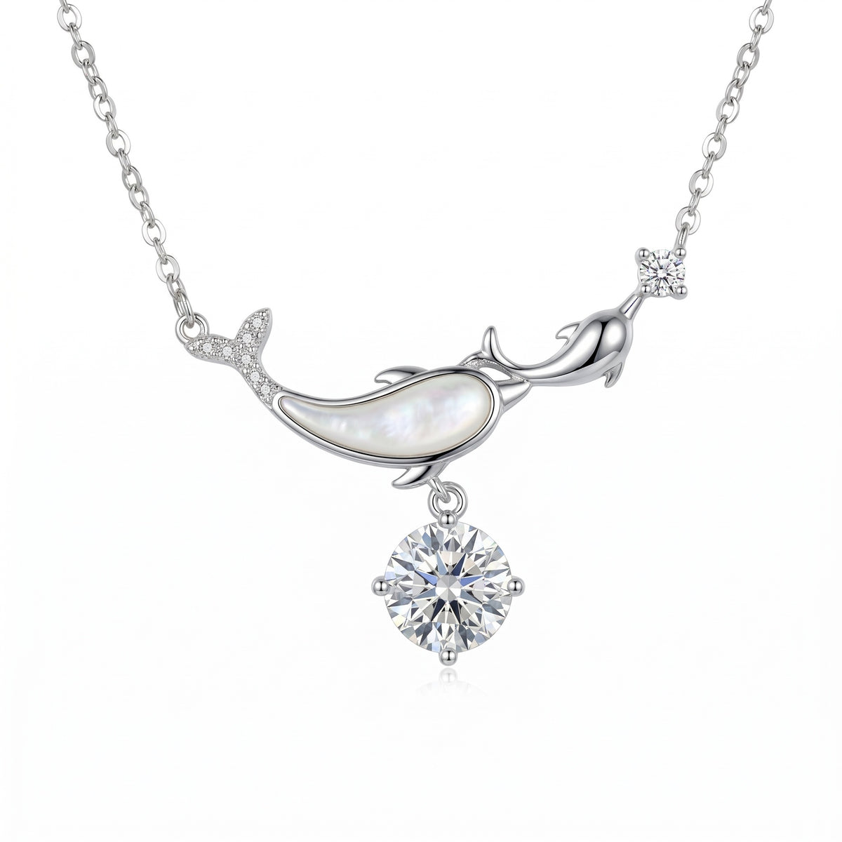 Sterling Silver Dolphin Mother of Pearl Moissanite Pendant Necklace