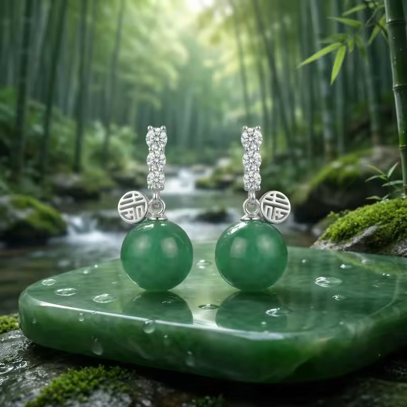 Elegant Green Jade Drop Earrings with Fortune Charms