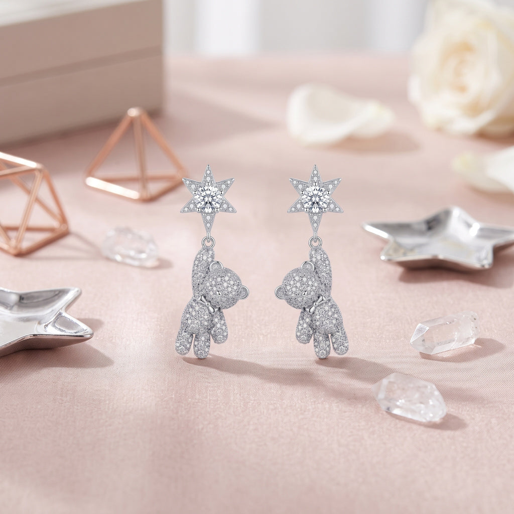 Sterling Silver Star and Teddy Bear Drop Earrings