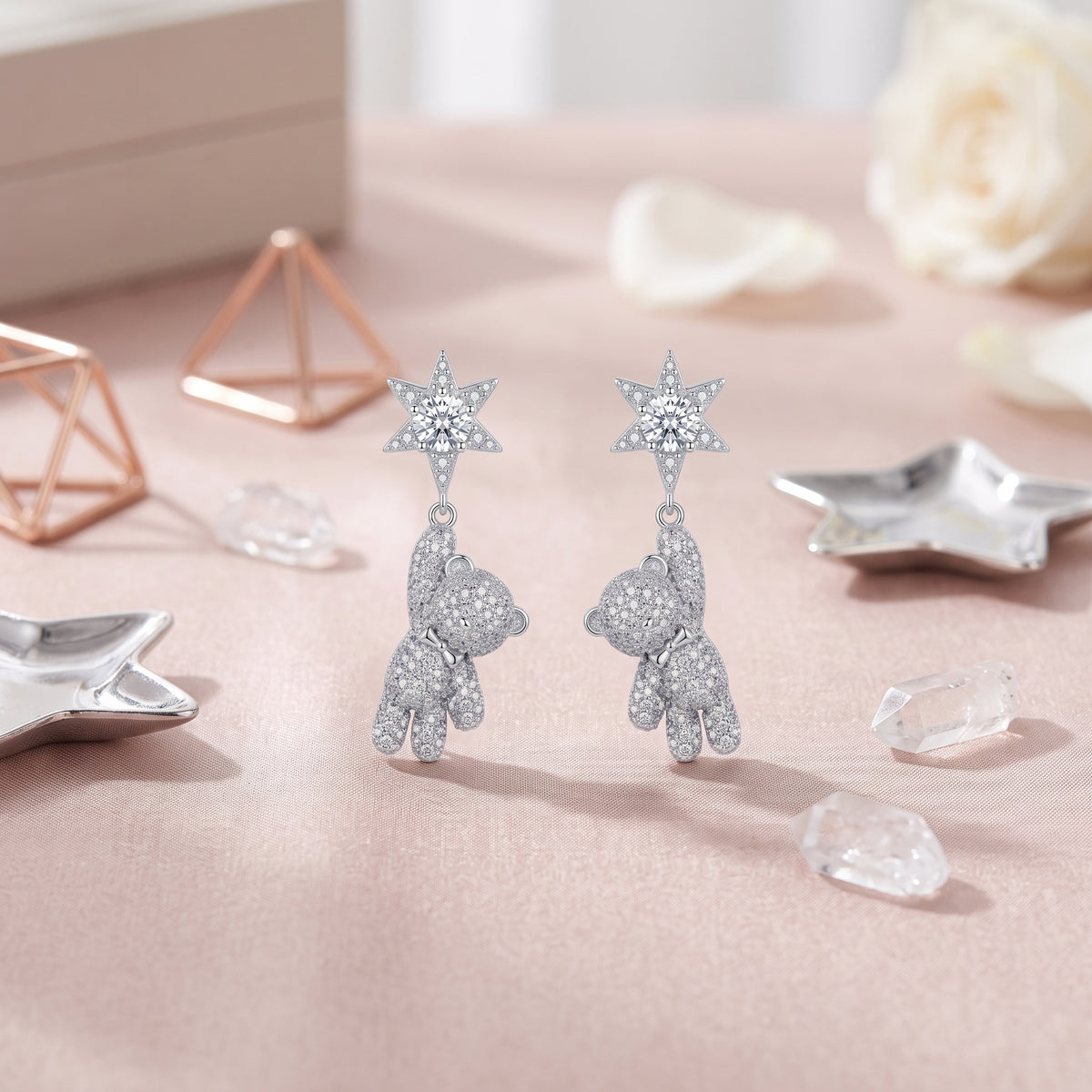 Sterling Silver Star and Teddy Bear Drop Earrings