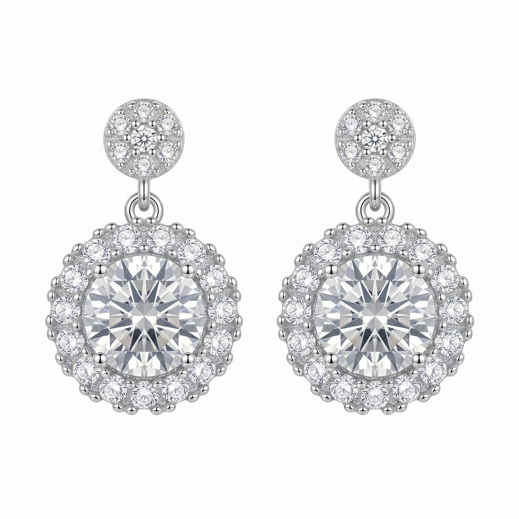 Sterling Silver Moissanite Halo Drop Earrings