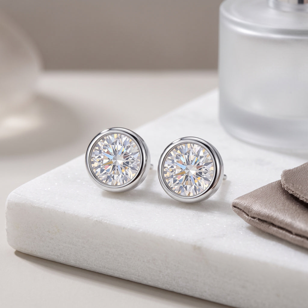 Sterling Silver Round Moissanite Bezel Stud Earrings