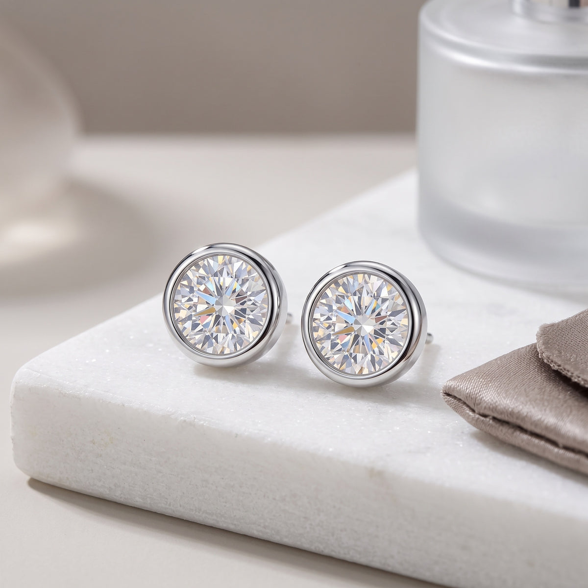 Sterling Silver Round Moissanite Bezel Stud Earrings