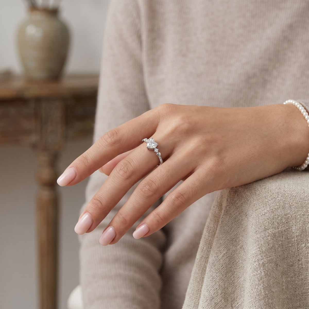 Sterling Silver Adjustable Heart Cubic Zirconia Solitaire Ring